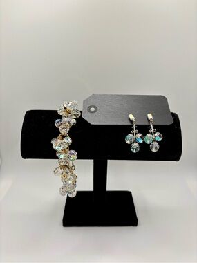 Vintage 1955 AB Crystal Cluster Bracelet & Signed Earrings Set